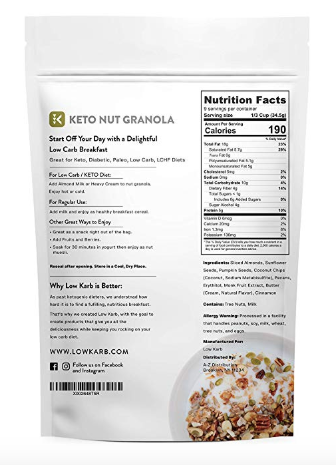 Low Karb - Keto Nut Granola Healthy Breakfast Cereal - Low Carb Snacks & Food - 2g Net Carbs - Almonds, Pecans, Coconut and more (11 oz) (1 Count)