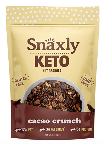 Snaxly - Keto Cacao Crunch Nut Granola Breakfast Cereal - 3g Net Carbs - Gluten & Grain Free - Low Carb Snacks & Food - 1g of Sugar - Healthy Nuts -Almonds, Pecans, Coconut Chips, Pepitas (11 oz)