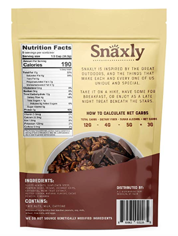 Snaxly - Keto Cacao Crunch Nut Granola Breakfast Cereal - 3g Net Carbs - Gluten & Grain Free - Low Carb Snacks & Food - 1g of Sugar - Healthy Nuts -Almonds, Pecans, Coconut Chips, Pepitas (11 oz)
