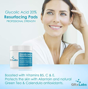 QRxLabs Glycolic Acid 20% Resurfacing Pads with Vitamins B5, C & E, Green Tea, Calendula, Allantoin - Exfoliates Surface Skin and Reduces Fine Lines and Wrinkles