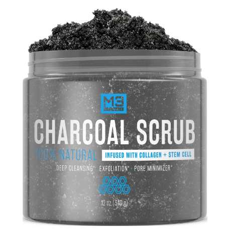 M3 Naturals Activated Charcoal Scrub Infused with Collagen and Stem Cell All Natural Exfoliating Body and Face for Acne Cellulite Dead Skin Scars Wrinkles Cleansing Exfoliator 12 oz