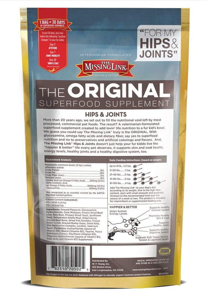 The Missing Link Original All Natural Superfood Dog Supplement- Balanced Omega 3 & 6 Plus Glucosamine to support Mobility and Digestive Health - Hip & Joint Formula - 1 lb.